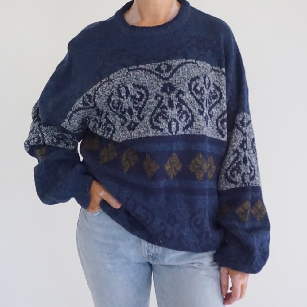 Vintage Todays News Navy Ornate Knit Pattern Sweater Grandmacore Electric L